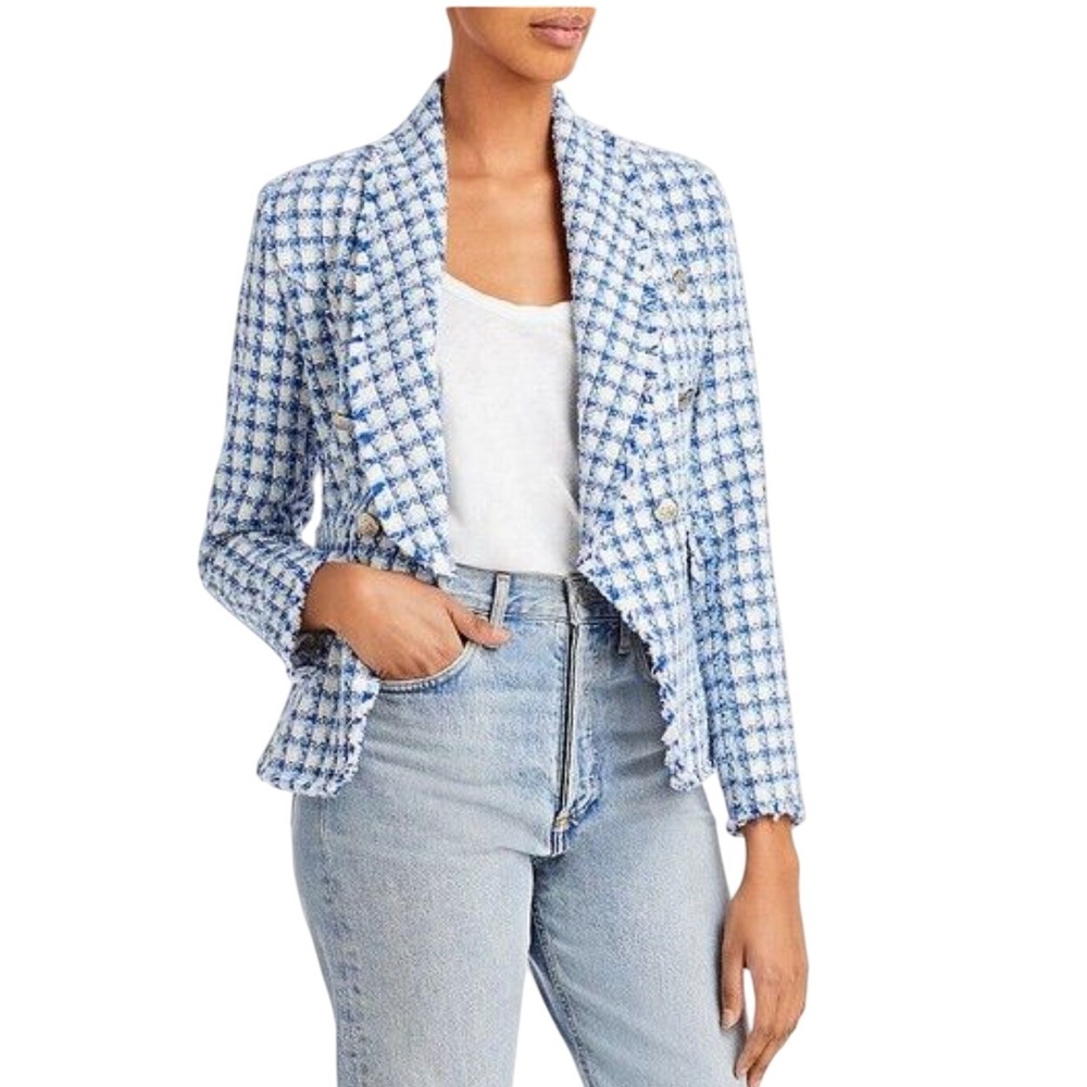 Vici Collection Blue Tweed Blazer Silver Buttons Frayed Trim Size‎ Large